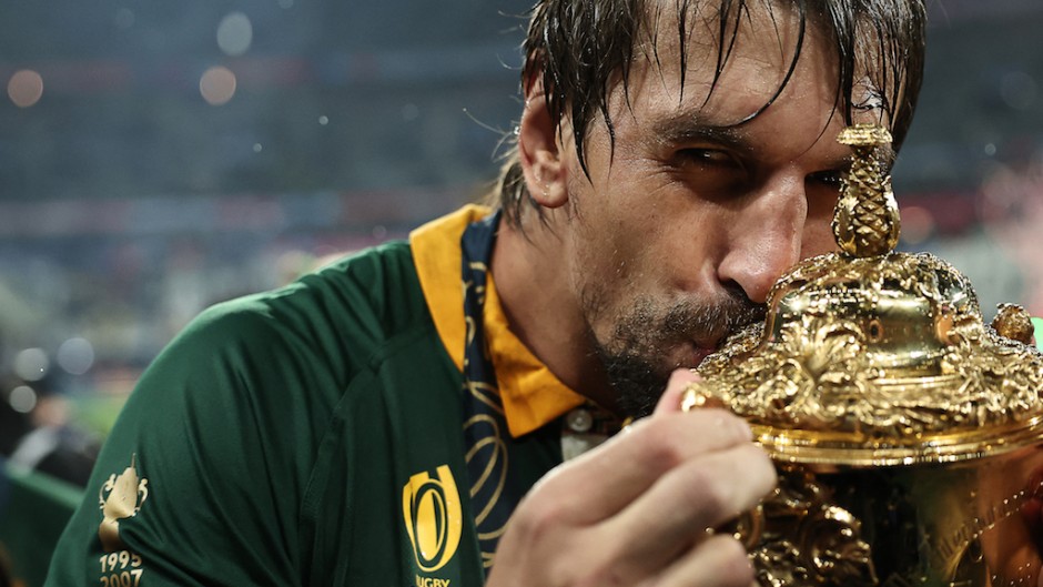 Eben Etzebeth kisses the Webb Ellis Cup as South Africa's players celebrate winning the France 2023 Rugby World Cup final match against New Zealand. AFP/Franck Fife