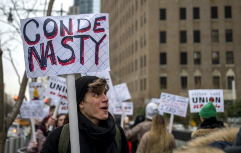 Unionized staff at Conde Nast are seen during a January 2024 walkout amid layoff announcements -- a deal was announced hours before the Met Gala