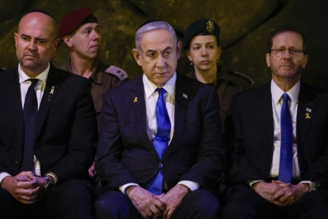 Israeli Prime Minister Benjamin Netanyahu attends a wreath-laying ceremony marking Holocaust Remembrance Day