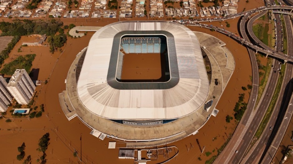 Aerial view of the flooded Arena do Gremio Stadium, of Brazilian football team Gremio, in Porto Alegre on May 7, 2024