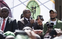 File: South African President Jacob Zuma (C) addresses members of uMkhonto we Sizwe (MK), a new opposition party that has become a potential upsetter in the South Africa May 29 election, outside the High Court in Johannesburg on April 11, 2024. 