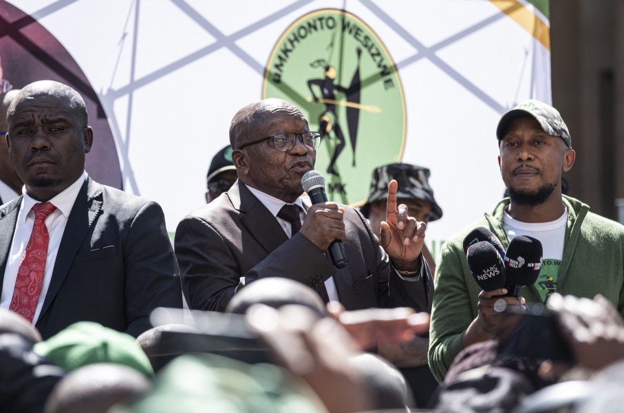File: South African President Jacob Zuma (C) addresses members of uMkhonto we Sizwe (MK), a new opposition party that has become a potential upsetter in the South Africa May 29 election, outside the High Court in Johannesburg on April 11, 2024. 