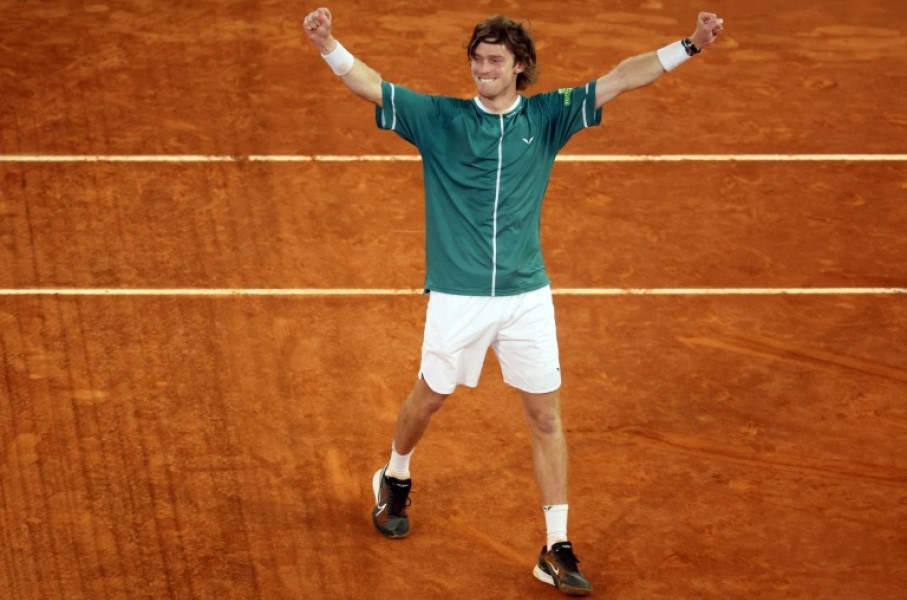 Russia's Andrey Rublev celebrates beating Canada's Felix Auger-Aliassime in the Madrid Open final on Sunday