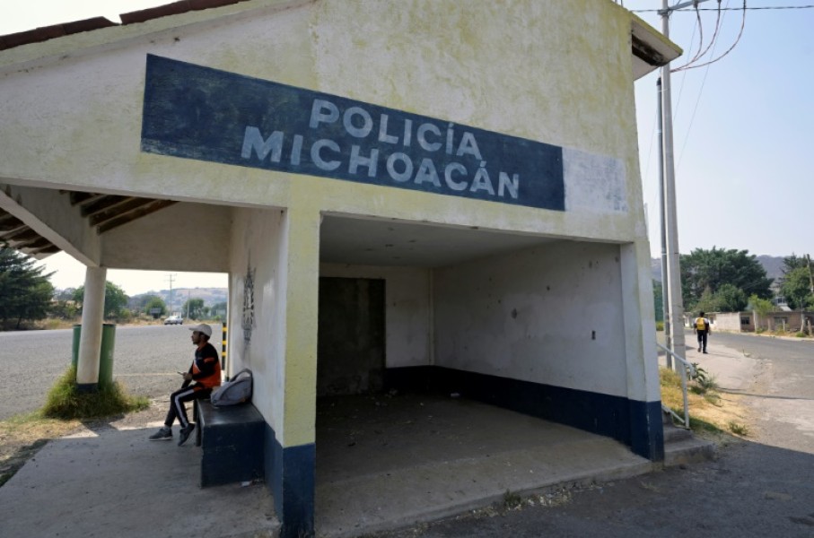 An abandoned, bullet-pocked police post is seen in the Mexican town of Maravatio