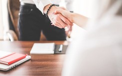 Business Man and Woman Handshake in Work Office