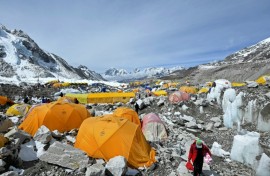 Tents of mountaineers are pictured at the Everest base camp in the Mount Everest region of Solukhumbu district in May 2021