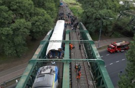 Aerial view of emergency crew members working on a train crash site in Buenos Aires on May 10, 2024