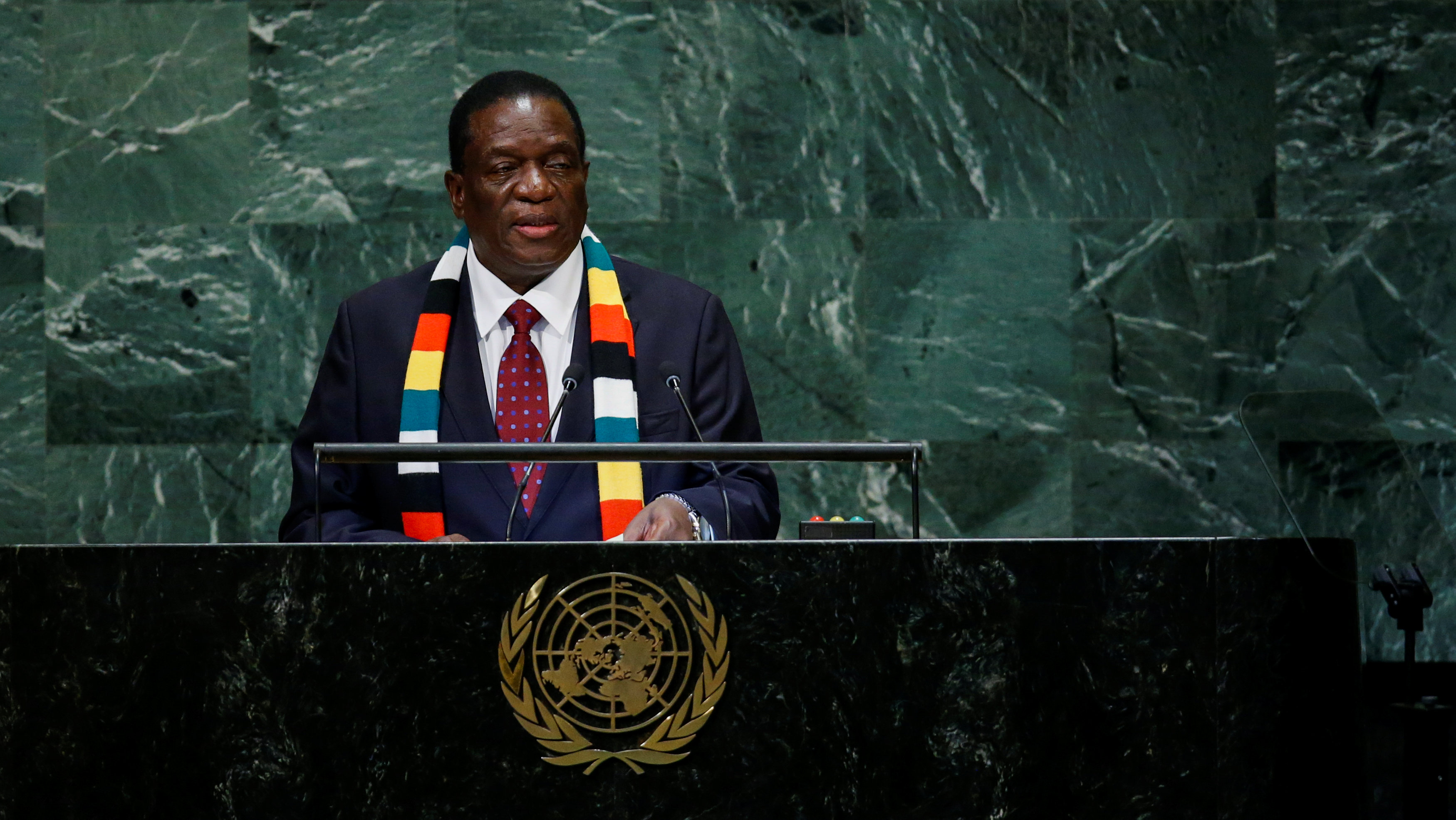 File: Zimbabwe's President Emmerson Mnangagwa addresses the 73rd session of the United Nations General Assembly at U.N. headquarters in New York, U.S., September 26, 2018. 