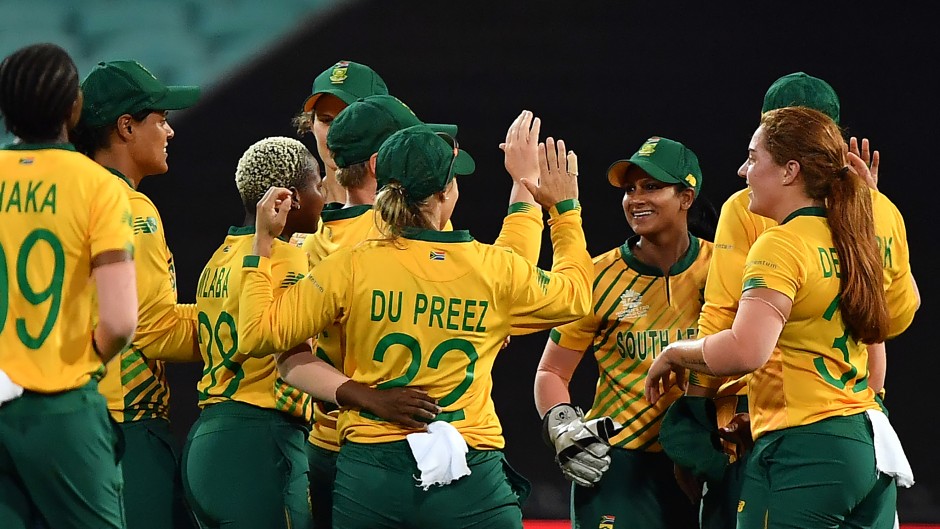 File: South Africa's players celebrate the dismissal of Australia's Jess Jonassen during the Twenty20 women's World Cup semi-final cricket match between Australia and South Africa in Sydney on March 5, 2020.