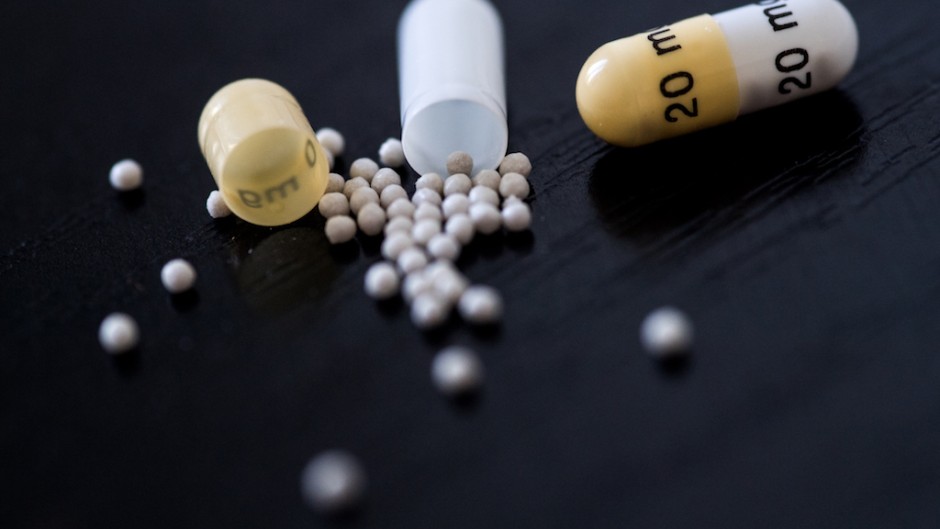 A picture taken on August 27, 2019 in Nantes, western France, shows pharmaceutical pill.