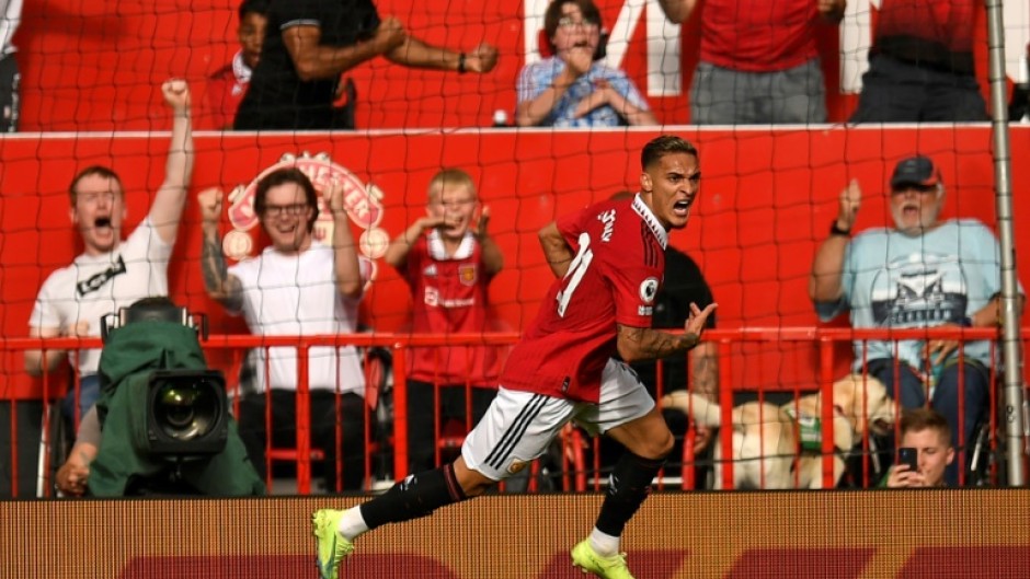 Manchester United's Antony celebrates after scoring against Arsenal