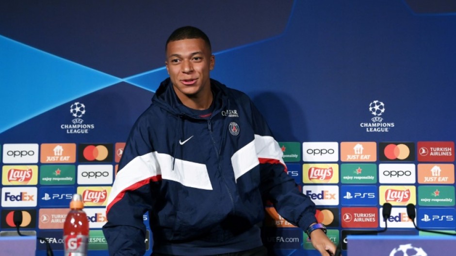Kylian Mbappe at a press conference in Paris on Monday ahead of Paris Saint-Germain's Champions League clash with Juventus