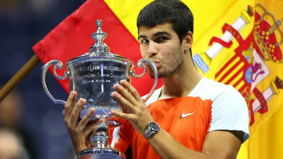 Carlos Alcaraz celebrates his US Open victory which made him the youngest world number one in history