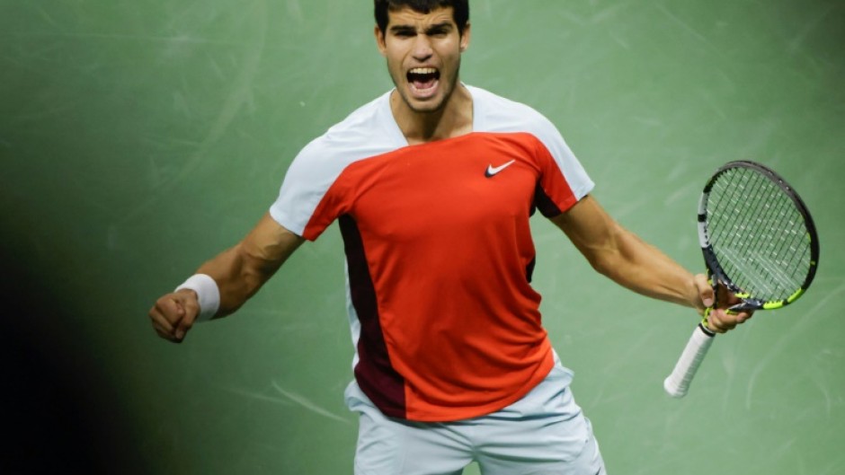 Fired-up: Carlos Alcaraz celebrates a point 