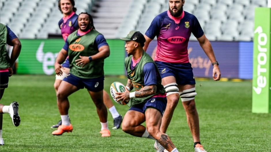 Elton Jantjies running with the ball in training in Adelaide ahead of a Rugby Championship match against Australia in August