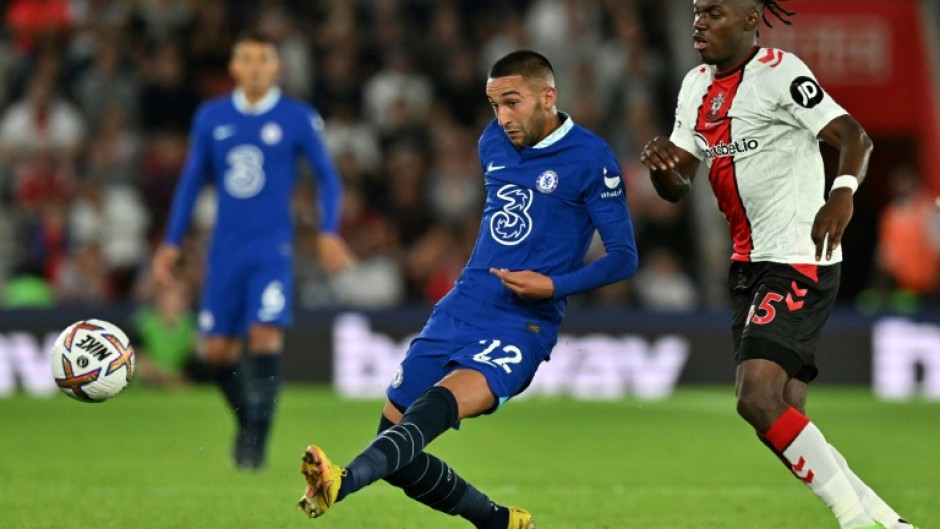 Hakim Ziyech (L) passes for Chelsea against Southampton in the English Premier League.