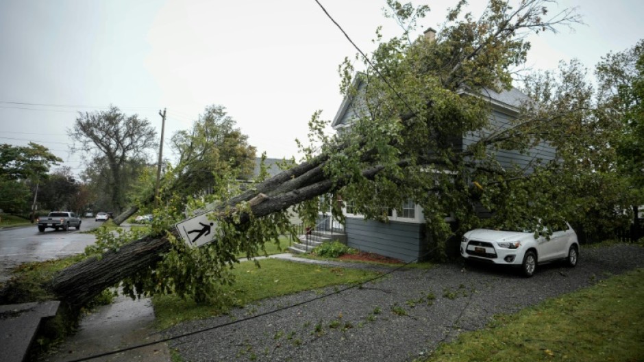 A tree sits against power lines and a home after Storm Fiona struck in Sydney, Nova Scotia, Canada on September 24, 2022 
