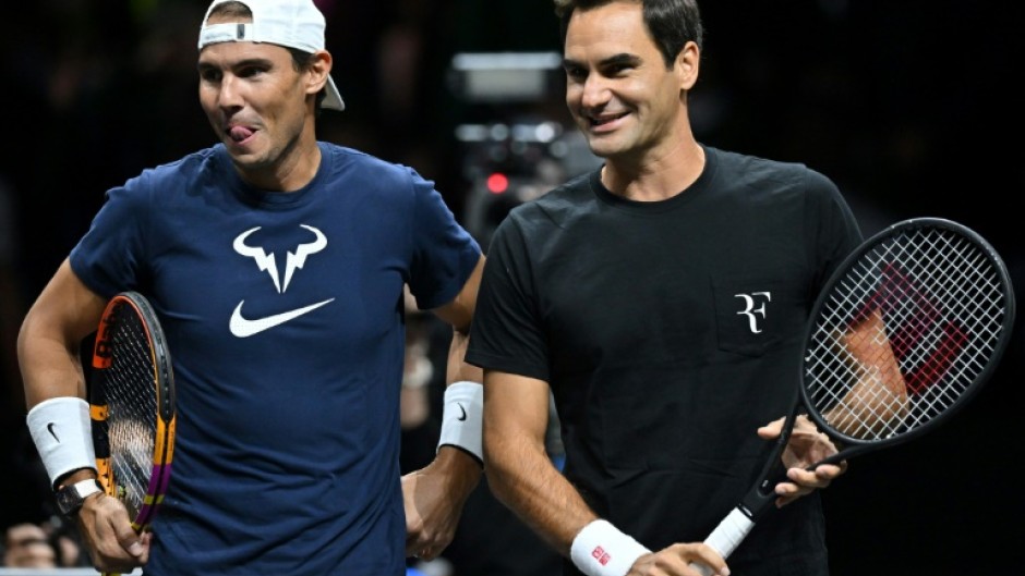 Roger Federer (right) and Rafael Nadal attend a practice session ahead of the 2022 Laver Cup in London