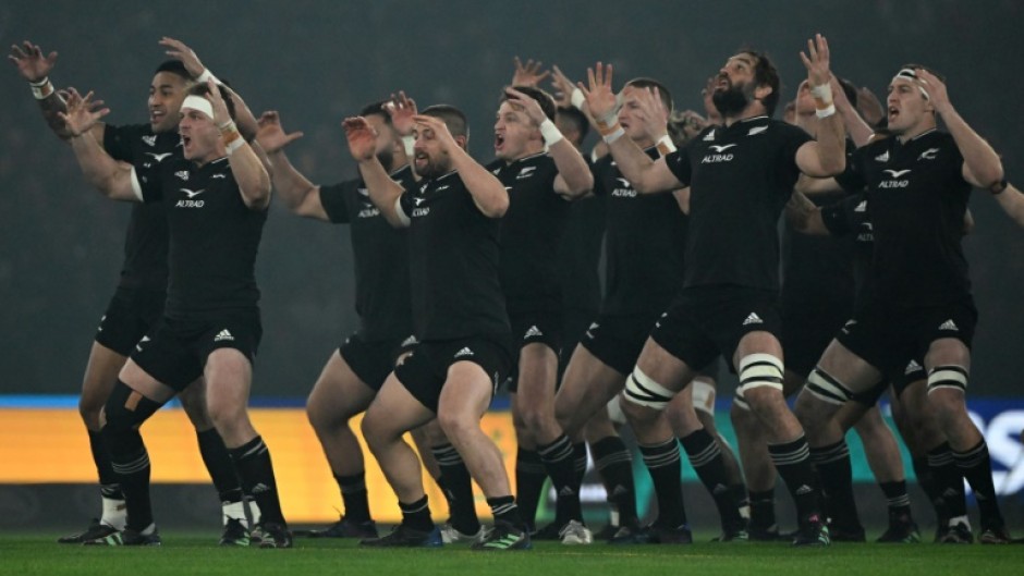 New Zealand's players perform the haka before the Rugby Championship match against Australia