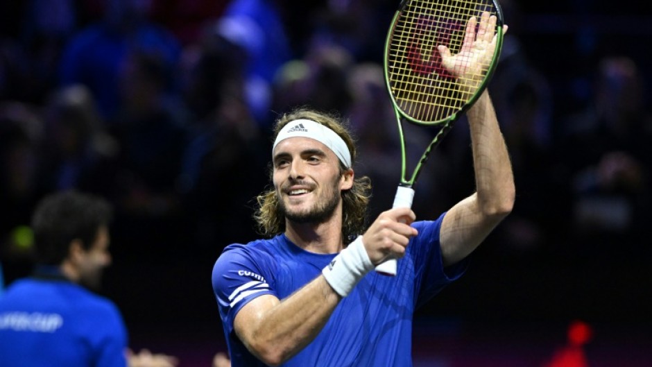 Stefanos Tsitsipas of Team Europe celebrates his win over Diego Schwartzman at the Laver Cup in London