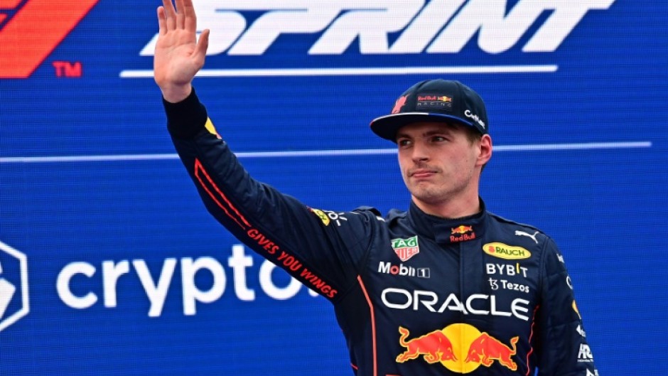 Max Verstappen celebrates his sprint win in Imola 