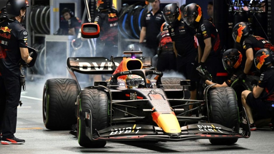 Max Verstappen leaves the Red Bull pit during qualifying for the Singapore Grand Prix