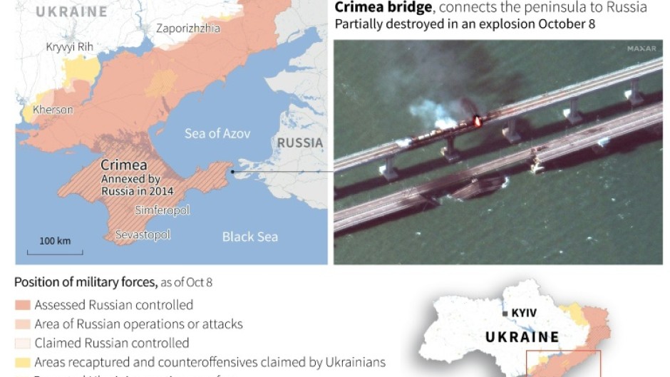 Map of southern Ukraine and satellite image of Crimean bridge