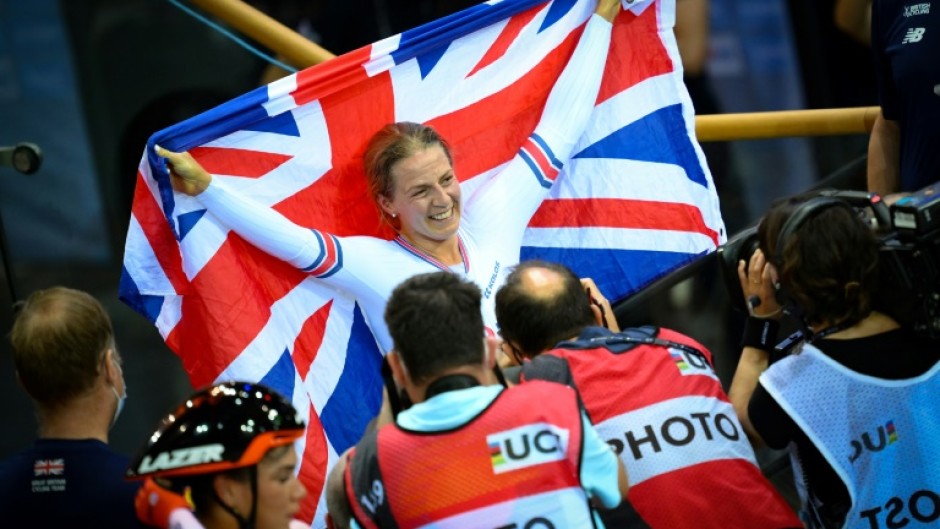 Britain's Neah Evans celebrates her first major title in the women's points race at the Track Cycling World Championships