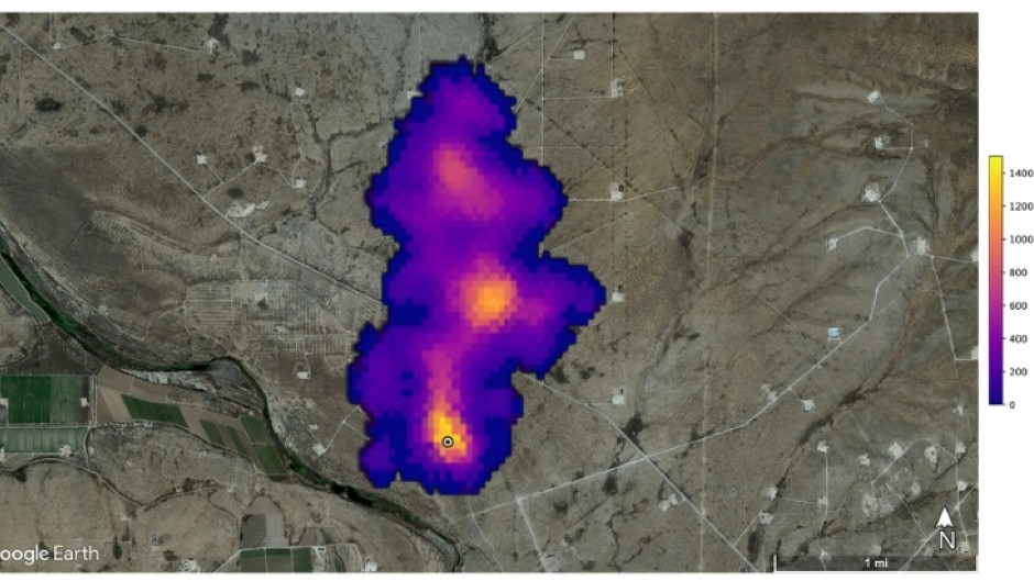 This handout satellite image from NASA/JPL-Caltech shows a methane plume two miles (3.3 kilometers) long that NASA's Earth Surface Mineral Dust Source Investigation mission detected southeast of Carlsbad, New Mexico