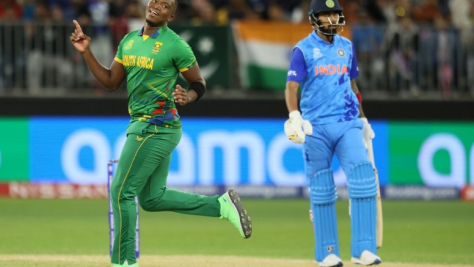 South Africa's Lungi Ngidi (L) celebrates after the dismissal of India's KL Rahul
