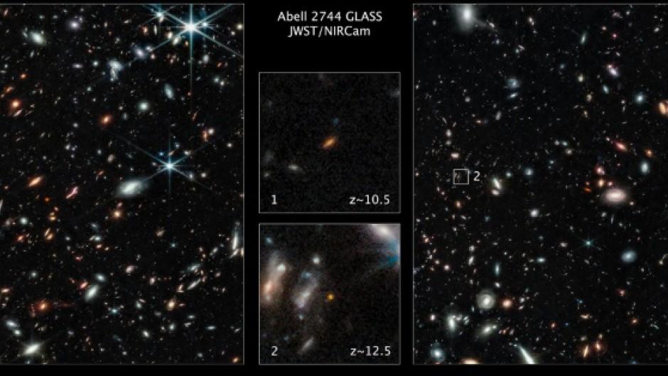 Two of the farthest galaxies seen to date of the outer regions of the giant galaxy cluster Abell 2744 are seen in a handout image from NASA's James Webb Space Telescope Near-Infrared Camera (NIRCam) released by NASA and STScl