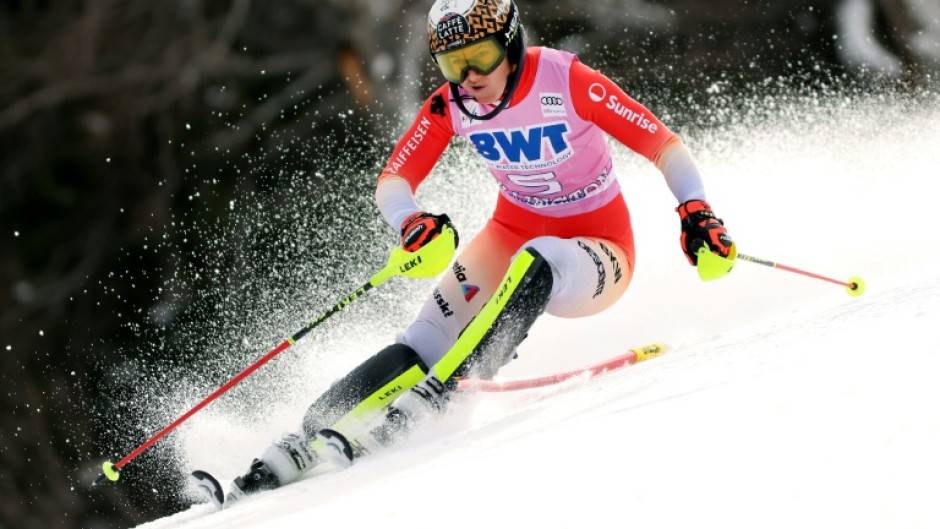 Wendy Holdener of Switzerland tied for first place with Anna Swenn-Larsson of Sweden in the women's slalom World Cup race at Killington on Sunday.