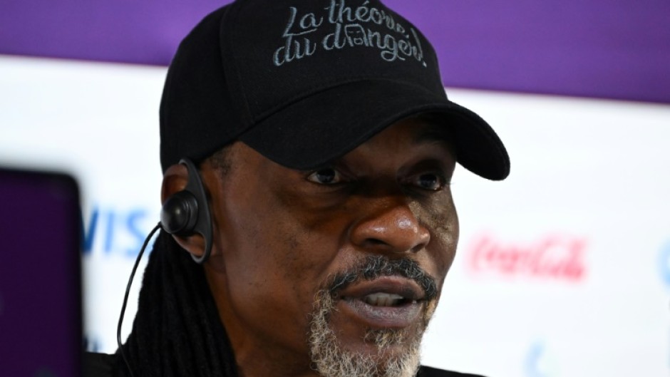 Cameroon coach Rigobert Song speaking to reporters in Doha on Thursday