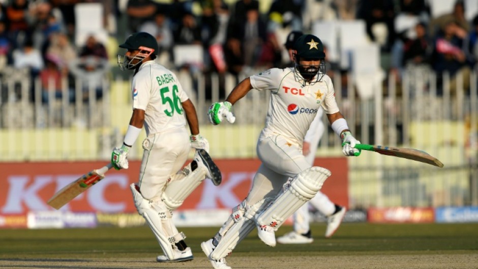 Pakistan captain Babar Azam and teammate Mohammad Rizwan running between the wickets in Rawalpindi on Saturday