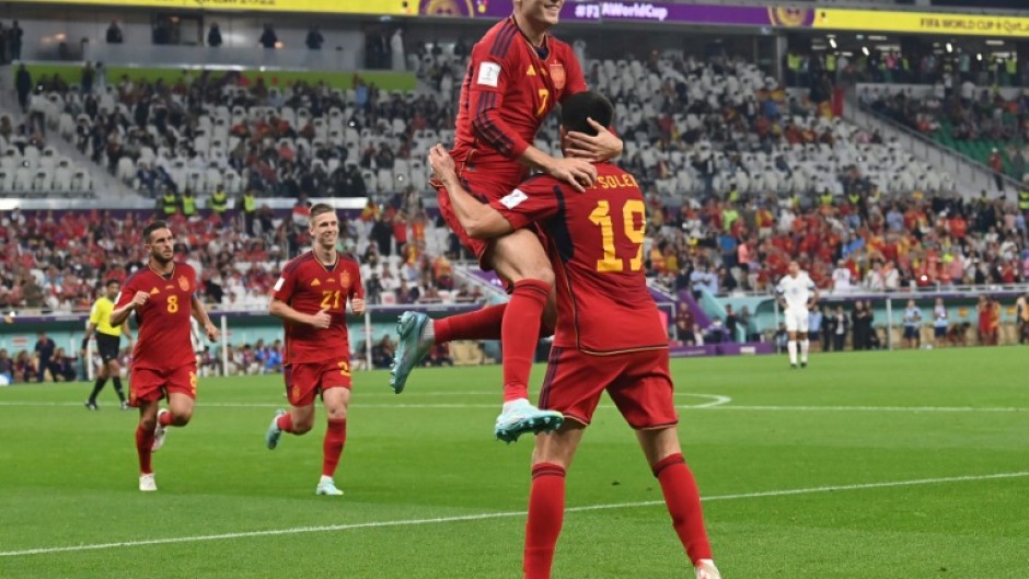 Spain midfielder Carlos Soler celebrates scoring his team's sixth goal against Costa Rica in the big rout