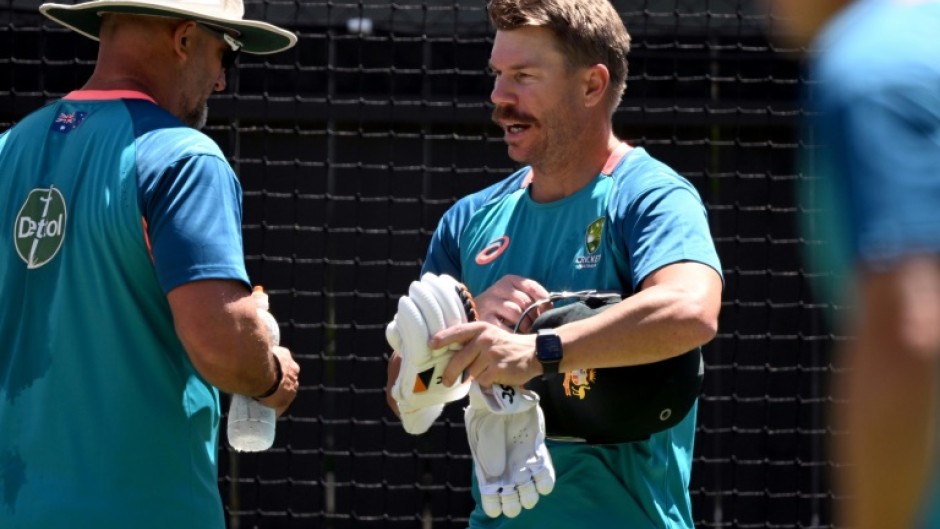 Australia's David Warner (C) training in Adelaide on Wednesday 
