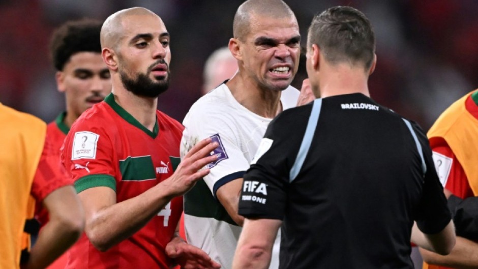 Pepe (C) was unhappy at the appointment of a referee from Argentina for Portugal's World Cup quarter-final loss to Morocco