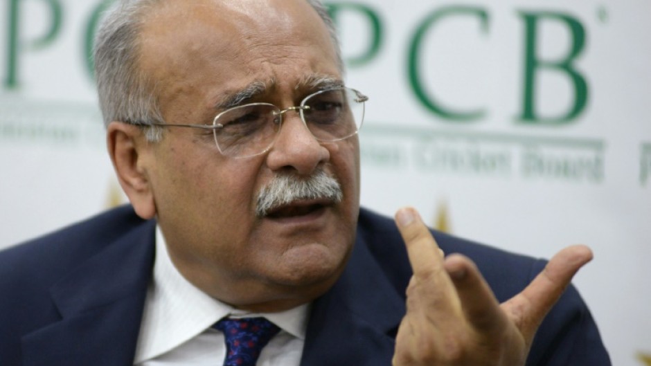 Najam Sethi speaking to a press conference when he was Pakistan Cricket Board Chairman in 2017