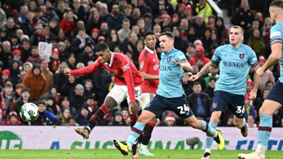 Solo effort - Marcus Rashford (L) scores Manchester United's second goal in their 2-0 League Cup win over Burnley at Old Trafford