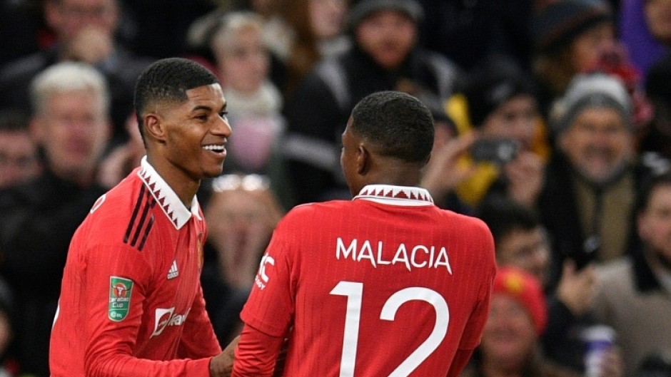 Marcus Rashford (L) celebrates after scoring during this week's League Cup win over Burnley