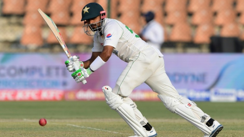 Pakistan's captain Babar Azam plays a shot during the first day of the first cricket Test match against New Zealand in Karachi