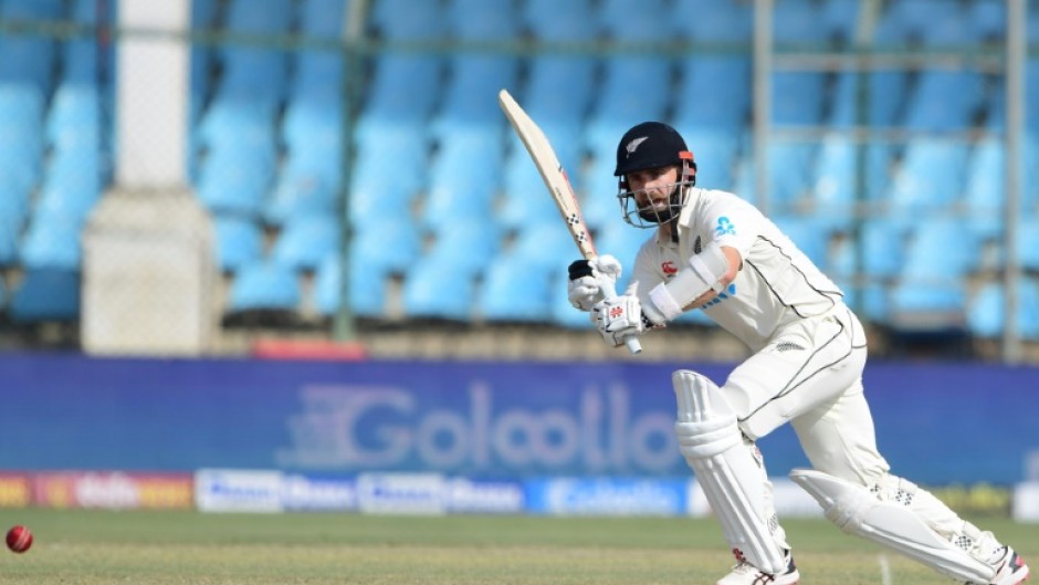 New Zealand's Kane Williamson plays a shot on his way to a century against Pakistan in Karachi