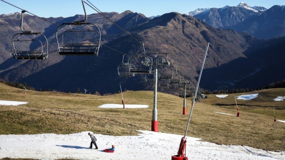 Near-bare slopes at the Luchon-Superbagneres ski resort in southwestern France on January 5, 2023