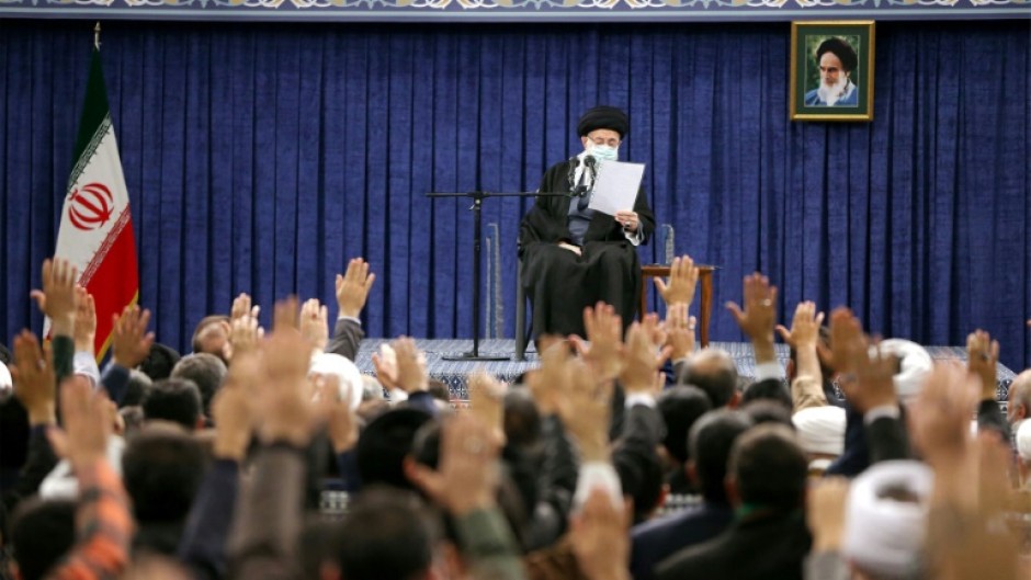 Iran's Supreme Leader Ayatollah Ali Khamenei giving an address before visitors from the city of Qom in the capital Tehran on January 9, 2023