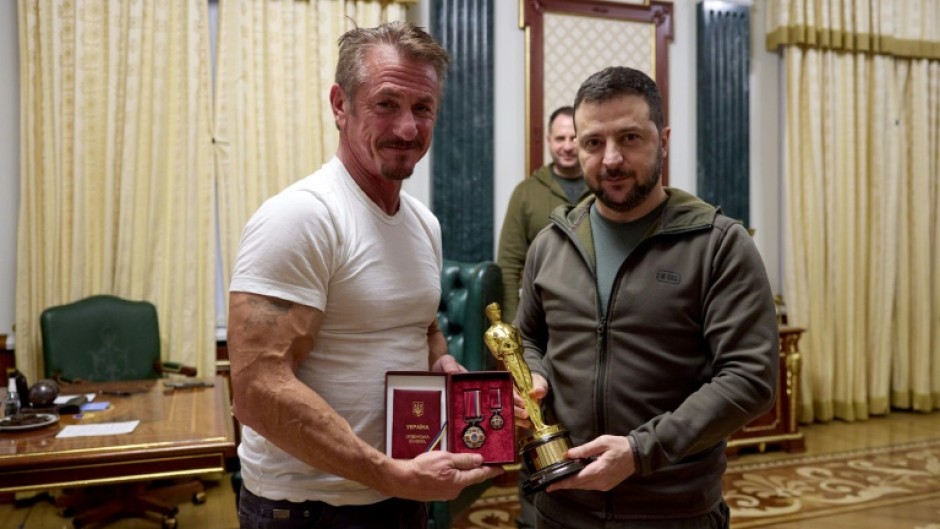 Sean Penn, left, with Ukraine's President Volodymyr Zelensky. The actor was in Kyiv when Russia invaded Ukraine