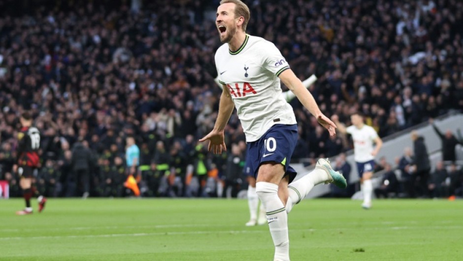 Tottenham striker Harry Kane celebrates after becoming his club's record goalscorer