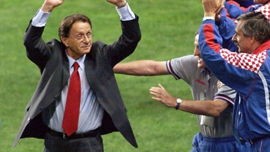 Miroslav Blazevic celebrating after Croatia beat the Netherlands at the Parc des Princes in Paris to take third place in the 1998 World Cup 