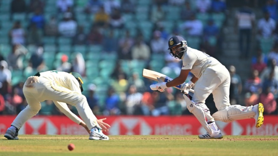 India's captain Rohit Sharma plays a shot during the second day of the first Test