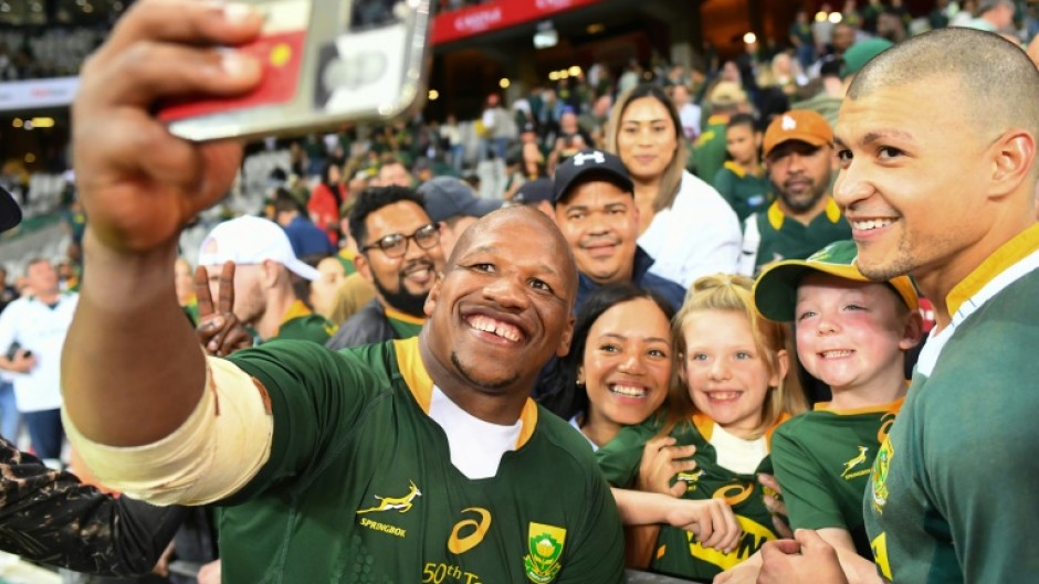 Bongi Mbonambi (L) made the first of his 63 Springboks appearances in 2016