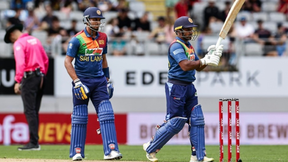 Sri Lanka's Perera Kusal (R) celebrates his half century against New Zealand in Sunday's Twenty-20 international at Auckland's Eden Park